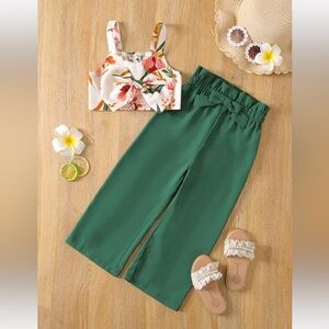 NWT SHEIN KIDS Floral Top and Paper Bag Pants Vacation Set